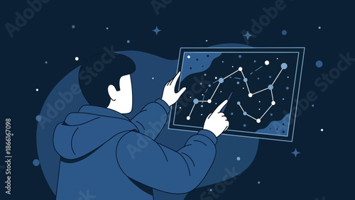 Man Exploring Celestial Constellations Through Digital Display In Cosmic Setting