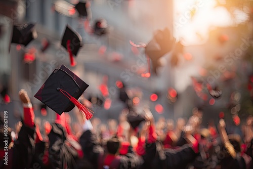 Students in graduation gowns throw caps in the air during commencement, soft focus and warm light