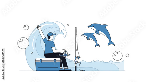 Man Fishing with Dolphins on Wavy Sea and Happy for this Beautiful Experience