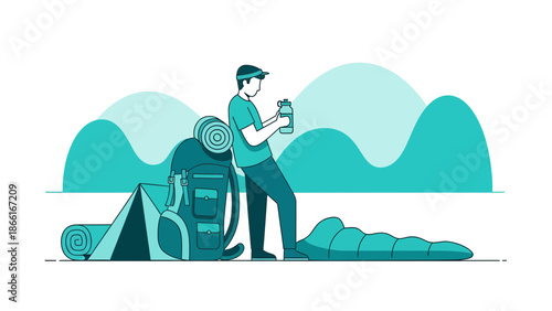 Man Prepares For A Hike Surrounded By Camping Gear And Rolling Hills Backdrop