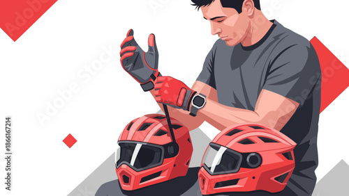 Man Prepares For Adventure Putting On Protective Gear With Helmets Nearby