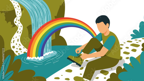 Man Prepares For Hiking Adventure By Waterfall With Colorful Rainbow View