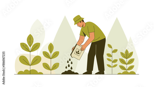 Man Gardening Plants With Organic Fertilizer For Growing Seedlings In Spring