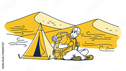 Man Prepares For Desert Adventure While Setting Up Tent And Enjoying Peace