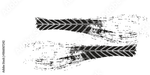 Tire tread marks, wheel textures, tire marks - car racing, motocross, drift, rally, off-road and others. Vector black isolated texture in grunge style with splashes.eps10