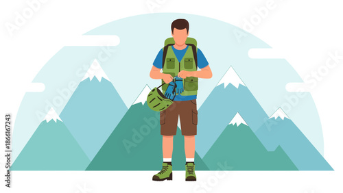 Man Prepares For Mountain Adventure With Helmet Gloves And Hiking Equipment