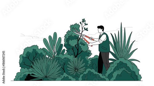 Man Gardening With Pruning Shears Among Lush Greenery And Tropical Plants Illustration
