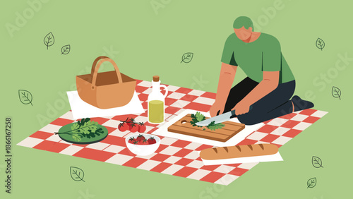 Man Prepares Healthy Meal On Picnic Blanket In Nature Green Background