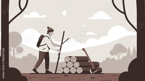 Man Gathering Wood In Forest For Winter Season Preparation In The Wilderness