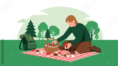 Man Gathering Wild Mushrooms In Forest On Picnic Blanket In Nature Outdoors