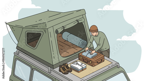 Man Prepares Rooftop Tent For Adventure And Packs Clothes For Vanlife Trip
