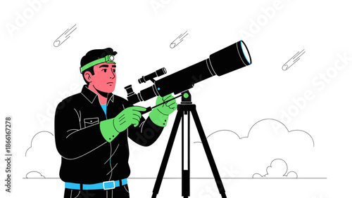 Man Gazing At Night Sky Through Telescope Seeking Cosmos Discovering Shooting Stars