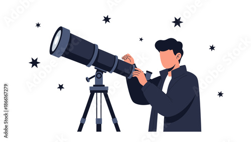 Man Gazing At Stars Through Telescope Discovering Astronomy Wonders Illustration