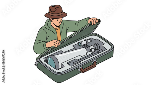 Man Prepares Telescope For Stargazing At Night With A Professional Equipment