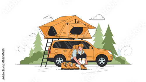 Man Preparing For Wilderness Adventure With Car Top Tent Camping Trip