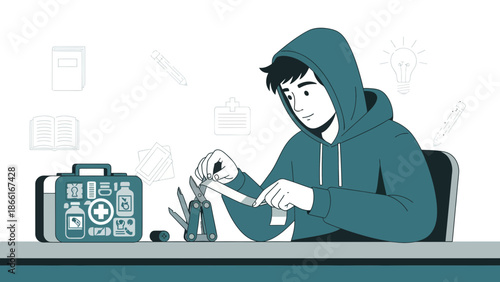 Man Preparing Medical Bandage Using Multitool From First Aid Kit At Desk Illustration
