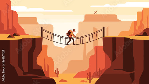 Man Hiking Canyon Crossing On Suspended Bridge Adventure Travel Vector Illustration