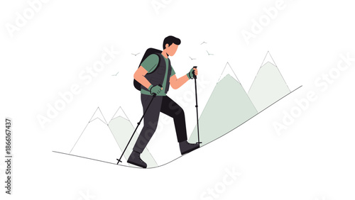 Man Hiking In Mountains With Trekking Poles Reaching For The Summit Adventure