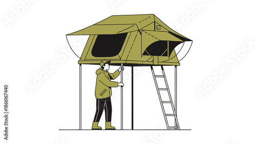 Man Preparing Roof Top Tent For Wilderness Camping Adventure Activity
