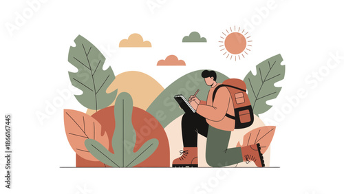 Man Hiking In Nature And Sketching Scenery On His Journey Outdoors