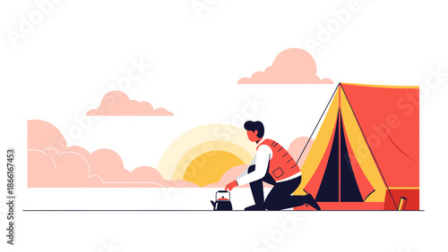 Man Preparing Tea Next To His Tent At Camping During Sunset In The Wilderness