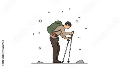 Man Hiking In Snowy Weather With Backpack And Trekking Poles Illustration