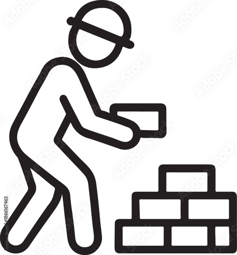 Construction worker icon building a brick wall with simple line art representing labor and industry isolated on white background