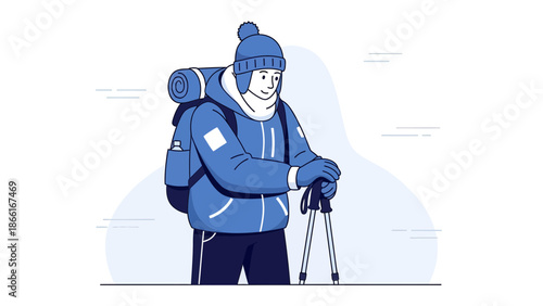 Man Hiking In Winter Clothes And With Trekking Poles With Backpack