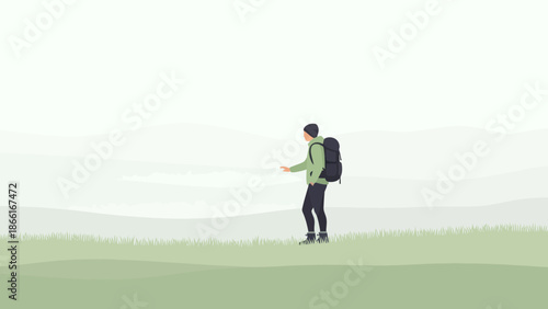 Man Hiking In Scenic Landscape On Grassy Hill For Outdoor Adventure Concept