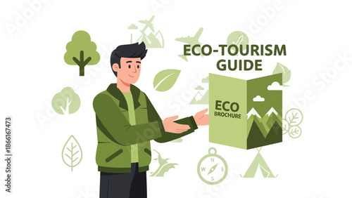 Man Presenting Eco Tourism Brochure And Promoting Travel Destinations