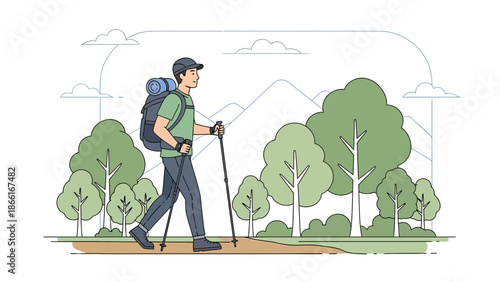 Man Hiking Through Mountain Landscape With Backpack And Trekking Poles Adventure