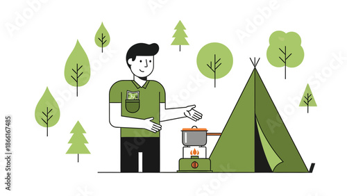 Man Presents His Camping Setup With Pot On A Stove And Tent Surrounded By Trees