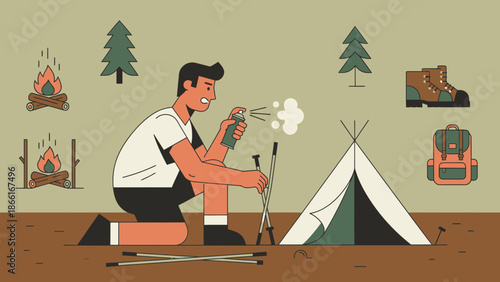 Man Protecting From Insects In Camping Spraying Repellent With Camping Essentials