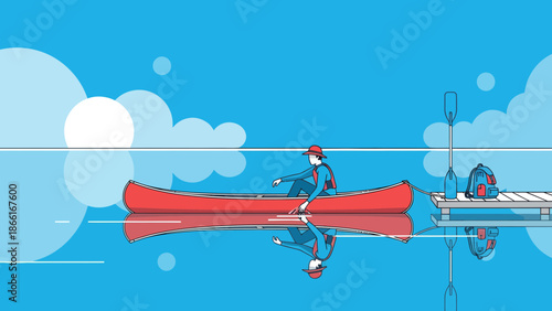 Man In Canoe Enjoying Serene Lake View With Dock And Reflection