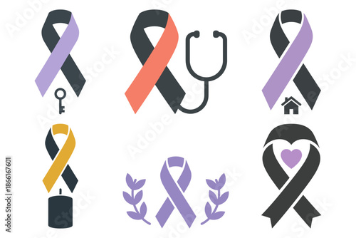 Line art icons of awareness ribbons for global campaigns and cause protection.