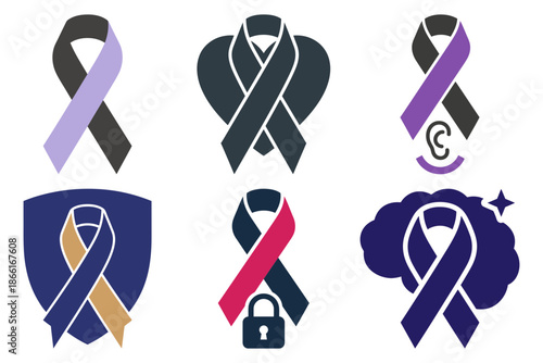 Icon set of awareness ribbons representing health hope and support for various causes.