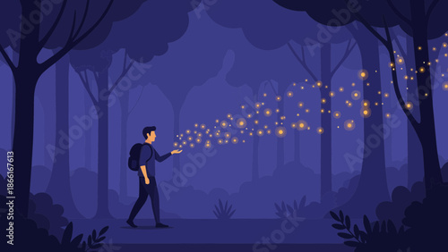 Man In Enchanted Forest Holds Magical Fireflies In Hand At Dusk