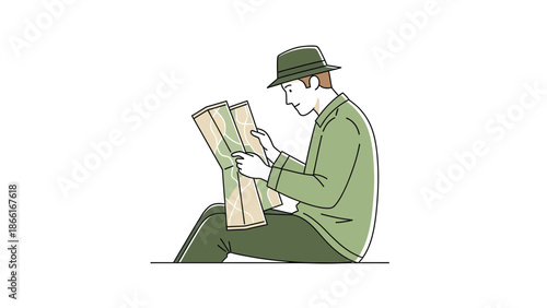 Man In Hat Consulting a Map For Direction And Orientation Isolated