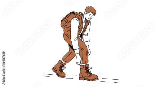 Man Readjusting His Hiking Boot While Trekking Through The Outdoors