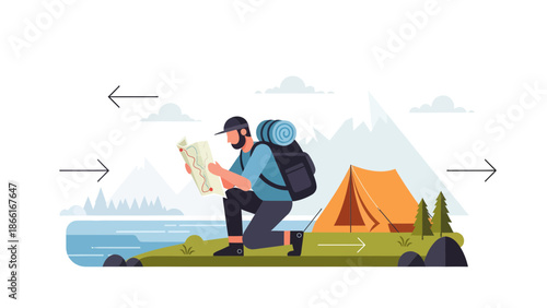 Man Reading Topographic Map Near Camping Tent During Solo Hiking Vacation Adventure
