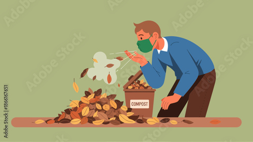 Man In Mask Composting Leaves In Autumn Season Environmentally Friendly Solution