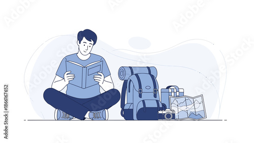 Man Reads Book Before Trip with Map Backpack and Camera Preparing Adventure
