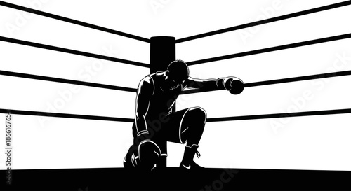 Silhouette of a Boxer Kneeling in a Boxing Ring Corner Exhausted but Determined Dramatic Black and White