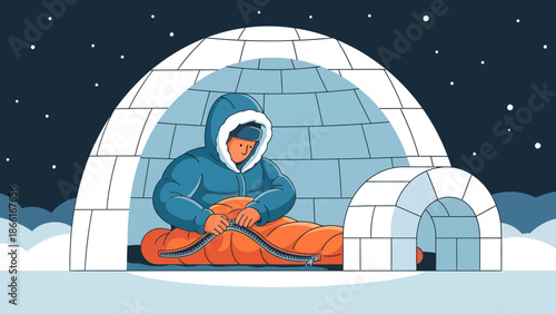 Man In Sleeping Bag Preparing For Arctic Adventure Inside Snow Igloo