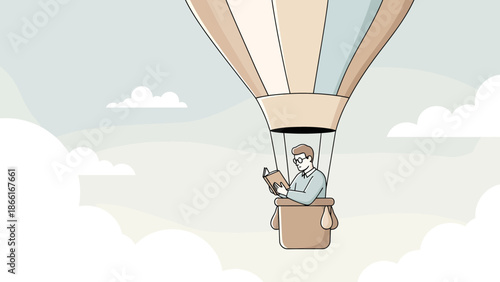 Man Reads In The Sky Floating With A Hot Air Balloon In Neutral Colors