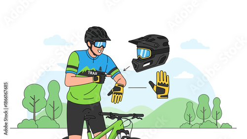 Man Recommending Protective Gear Helmet And Gloves For Mountain Bike Rides