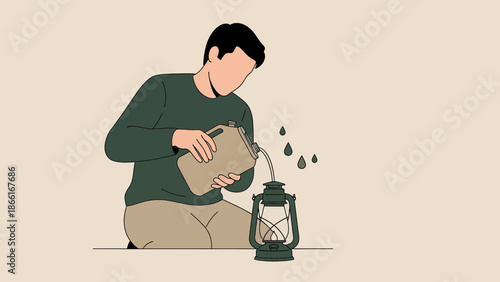 Man Refilling Kerosene Lamp From A Canister In A Minimalist Aesthetic