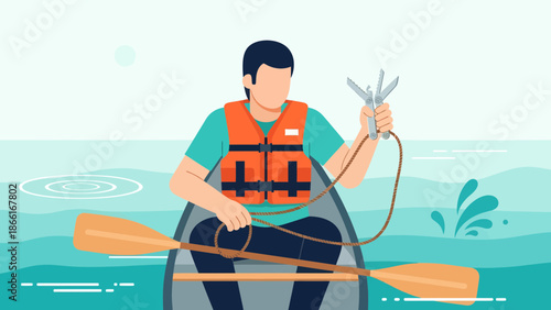 Man Kayaking On A River With A Multi Tool With Life Jacket