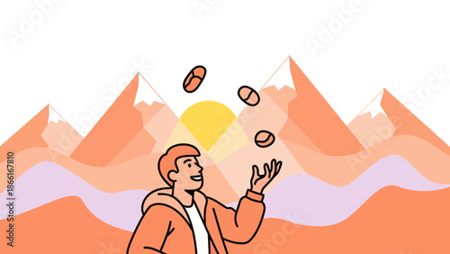 Man Juggling Capsules With Mountain Landscape For Healthy Lifestyle Illustration