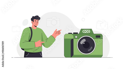 Man Introducing An Environmentally Friendly Eco Camera Concept Photography